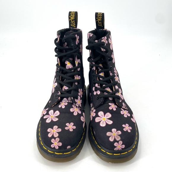 Dr. Martens Page Meadow Pink Daisy Kawaii Floral Black Canvas Combat Moto Boot - Picture 4 of 7